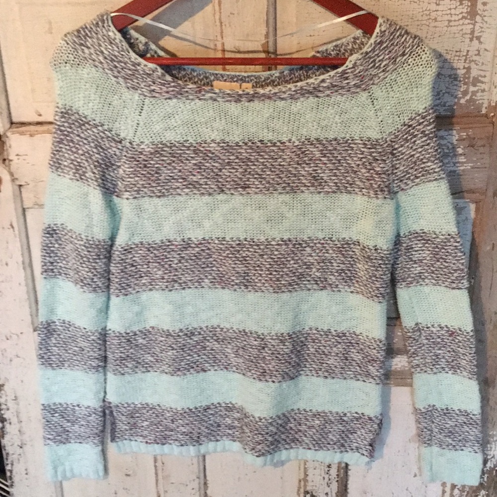 EUC Striped Sweater Light Aqua & confetti yarn